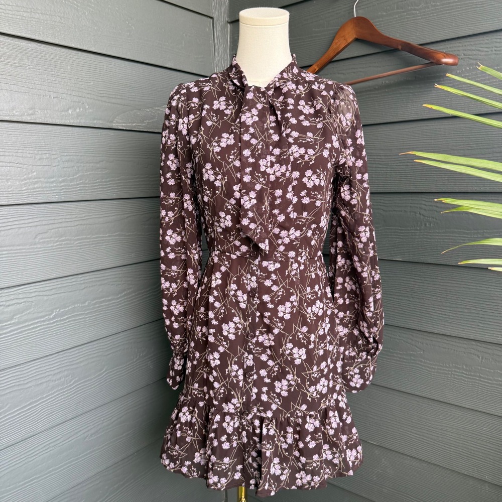 Edit by Nine Floral Shirt Dress Dmall Brown Lavender Ruffle Hem Cottagecore